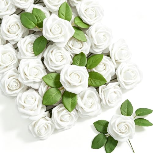 Fairblo 30Pcs Künstliche Rosenköpfe Weiß Kunstrosen Kunstblumen zum Basteln | Künstliche Rosen wie Echt Künstliche Blumen Deko Schaumstoff Rosen Köpfe mit Stiel für Blumengesteck Hochzeit Party Dekor