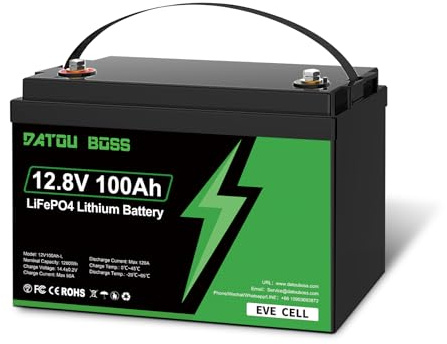 DATOUBOSS 12V 100Ah LiFePO4 Battery, 12V Lithium Battery with 100A BMS, Up to 15000+ Cycles, 1280Wh Rechargeable Battery for Motorhomes, Boats, Camping, Solar Home Systems