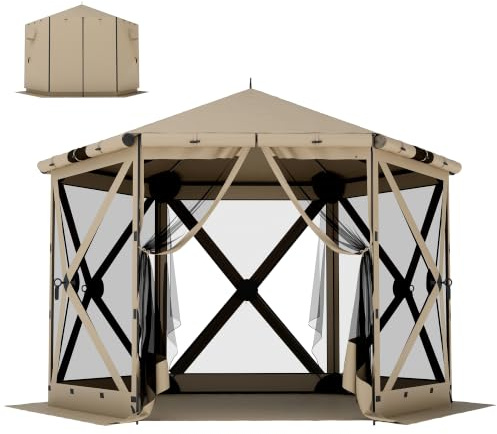 Outsunny 3 m x 2,6 m Sechseck-Pavillon mit Bodenmatte, wasserdicht, Khaki | Seitenteilen aus Netzgewebe, Tragetasche, UV-beständig, Partyzelt für Garten und Terrasse