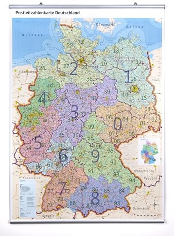 XL Postleitzahlenkarte Deutschland magnethaftend mit Metallleisten und Laminierung, beschreibbar, für Magnete geeignet, 100 cm x 142 cm