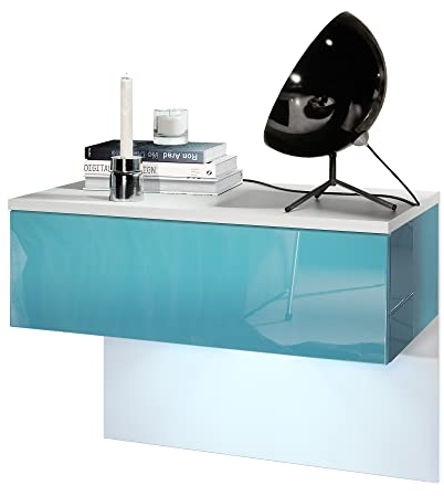 Vladon Nachttisch Sleep, Made in Germany, Nachttischschrank mit Schublade zur Wandmontage, Weiß matt/Petrol Hochglanz, inkl. LED-Beleuchtung (60 x 46 x 35 cm)