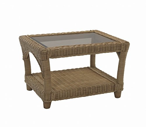 Desser Seville Coffee Table with Storage Shelf – Glass Top Table with Light Oak Wicker Rattan Cane Pole Frame – Luxury Indoor Conservatory or Living Room Furniture - H48cm x W74cm x D60cm