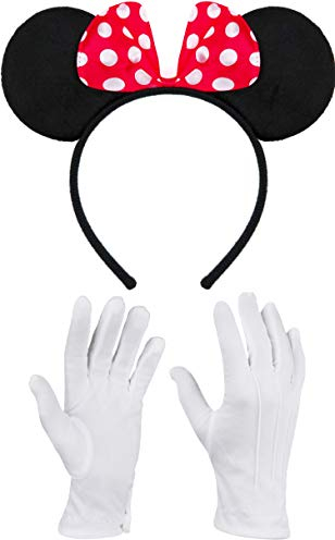 Balinco Haarreifen in schwarz mit Maus Ohren Mouse mit Schleife in rot mit weißen Punkten inklusive weiße Handschuhe für Kinder & Erwachsene