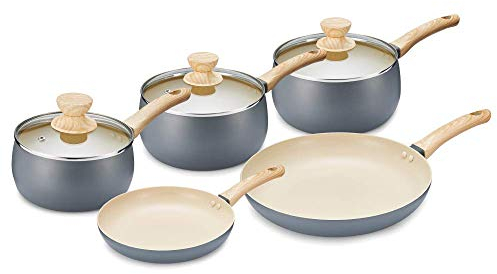 Tower T800072G Scandi Induction Pots and Pans Set, Non Stick, Soft Touch Wood Effect Handles, Grey, 5 Piece, 16/18/20 cm Saucepans, 24/28 cm Fry Pans