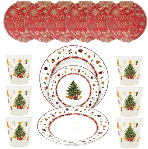 Servizio Piatti Natalizi - Set Piatti 6 Persone - Adatti alla Lavastoviglie -Porcellana - Piatti Moderni - Articoli Natalizi - 18 Pezzi Servizio Piatti Natalizio (SET TAVOLA NATALE)