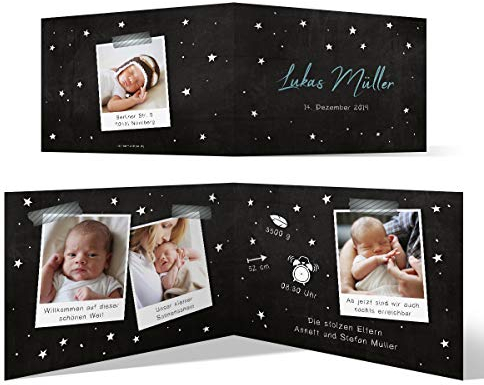 10 x Geburtskarten Babykarten individuell für Junge oder Mädchen Klappkarten mit 4 eigenen Fotos - Sternenhimmel