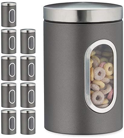 Relaxdays 10 x Vorratsdose, 1,4 L, mit Deckel und Sichtfenster, für Kaffee, Mehl, Pasta, Aufbewahrungsdose Küche, Metall, grau