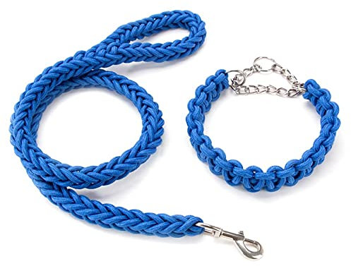 Kabxhueo Strong Rope Dog Lead and Collar Set 4FT Durable Braided Dog Collars and Leads Set Nylon Rope Leashes with Heavy Duty Clips Slip Lead Collar with Metal Chain for Small Medium Large Dogs, Blue