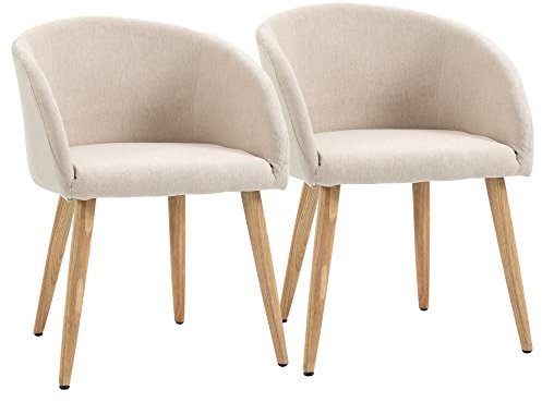 HOMCOM Lot de 2 chaises de Salle à Manger Chaise de Cuisine Design scandinave - Pieds inclinés effilés Bois Caoutchouc - Assise Dossier accoudoirs ergonomiques Aspect Lin Beige