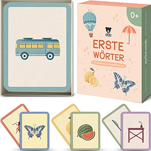 GOBI SPIELWAREN Bildkarten I Lernspiele für Kinder I 40 Bildkarten zu Früchten, Tieren, Fahrzeugen & Alltag I Lernkarten mit kunstvollen Illustrationen und schöner Kartenbox I Erste Wörter