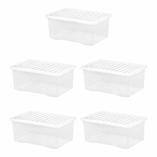 JMS we create smile [Pack of 5 45 Liter Clear Heavy Duty Plastic Storage Boxes With Lids - Stackable & Nestable For Home & Office