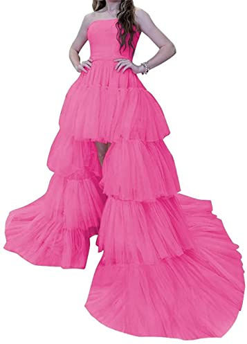 KURFACE Robes de bal sans bretelles pour juniors femmes, robes de bal avec train, rose vif, 42