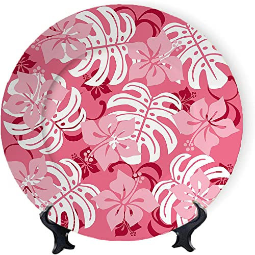 Luau Decorative wall plates, 10, Hibiscus Flower with Monstera Leaves Rainforest Plants Fresh Nature Motif, Round Plate with Display Stand, Ceramic Tile Wall Decor for Home Office Decor, White Pink