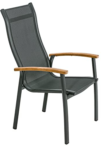 Dehner Stapelstuhl Chicago Wood, mit Armlehne, 108.5 x 66 x 75 cm, Aluminium/FSC®-zertifiziertes Teakholz/Textilene, schwarz
