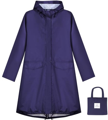 ANYOO Damen Regenjacke Regenmantel Wasserdicht mit Kapuze, Leichter Lange Regenponcho Windbreaker Regenbekleidung, Dunkelblau, Einheitsgröße