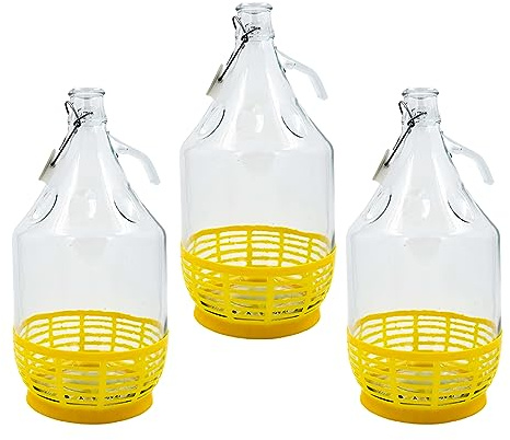 WYSKONT Bouteille de vin Ballon à col étroit avec Couvercle pivotant et Panier pour Le Stockage de Boissons fermentées en Verre Transparent, hermétique, Lot de 3 x 5 l