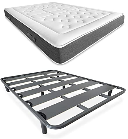DUÉRMETE ONLINE Komplettes Bett mit viskoelastischer Matratze Bio Nature + verstärkter Lattenrost, 40 x 30 mm, mit 6 Metallfüßen, Stahllegierung, Grau, 135 x 190 cm