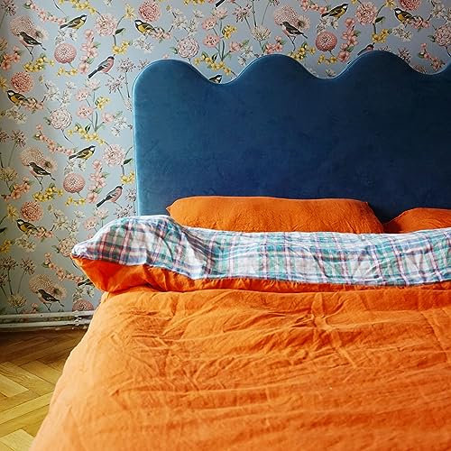 JOWOLLINA Natur Leinen Bettwäsche-Set Soft Washed Finish 180mg2 (Blutorange Karo, 135x200 cm, 40x80 cm)
