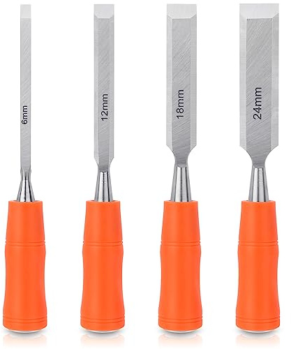 4 Piece Wood Chisel Sets Woodworking Tools Set, Wood Chisels for Woodworking with Steel Hammer End, Wood Tools Chisel Set Woodworking with Ergonomic Plastic Handle, 6mm, 12mm, 18mm, 24mm