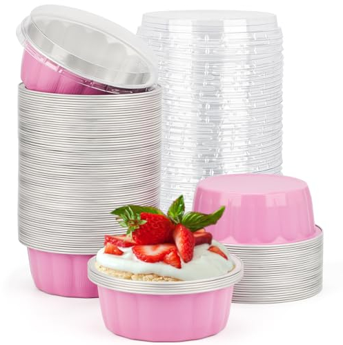 Beasea Lot de 100 ramequins jetables avec couvercles - Rose - 236,8 g - Gobelets en aluminium pour la pâtisserie - Pour crème brûlée, muffins, cupcakes, pudding - Pour fête, mariage, anniversaire