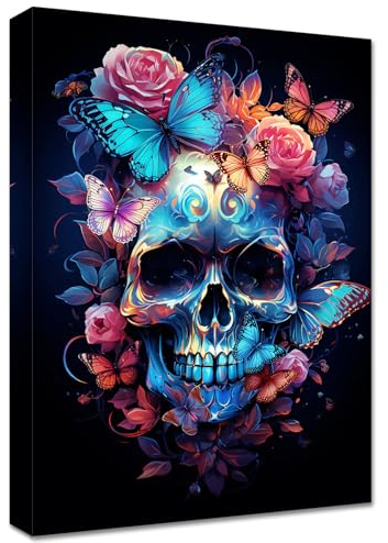 Bunte Blumen und Totenkopf Leinwand Bilder Mit Rahmen Schmetterling und Skelett Wandbilder Wandkunst bild auf Leinwand Malerei Galerie Korridor Schlafzimmer Badezimmer Wanddekoration 30x40cm