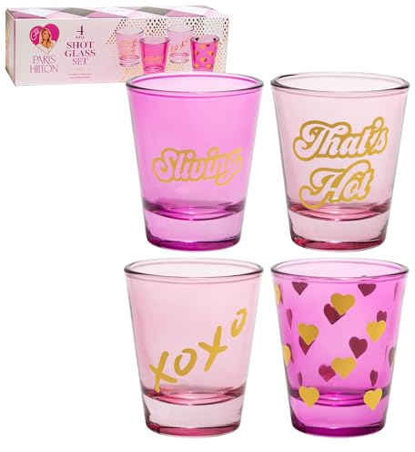 Paris Hilton Set mit 4 Schnapsgläsern, lustige Aufkleber auf jedem Glas, 500 ml, Hot Pink und Hellrosa