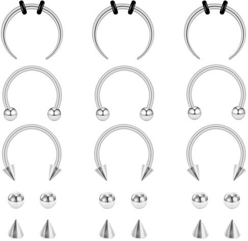 Yolev 9 Stück Hufeisen Piercing Silber 16g Septum Piercing Schwarz Gold Stahlfarbe Septum Nasenring aus Edelstahl 10 mm Nasenpiercing Chirurgenstahl Augenbrauen Lippenpiercing Ring Kugel und Spitze