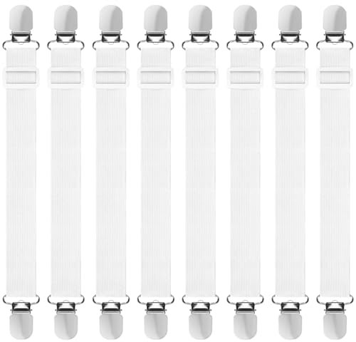 Hanyousheng 8Pcs Tendeur Drap Housse, Tendeur Drap Housse Élastique, Attache Drap Housse, Attache Sangle de Maintien Ajustable, pour Matelas,Planche à Repasser Ou Canapé (Blanc)