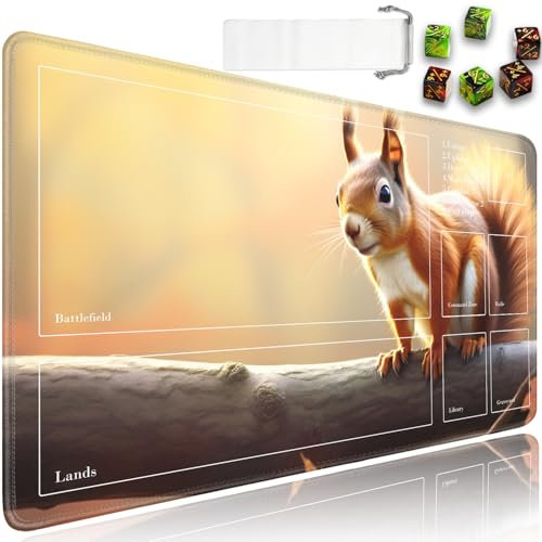 JVGFYNKL TCG Spielmatte mit Zonen, 61 x 35,6 cm, rutschfestes Gummi für MTG-Spielmatte mit Kordelzug, Reisetasche und 6 Würfel, für MTG-Matte, Tiere, niedliches Eichhörnchen-Muster