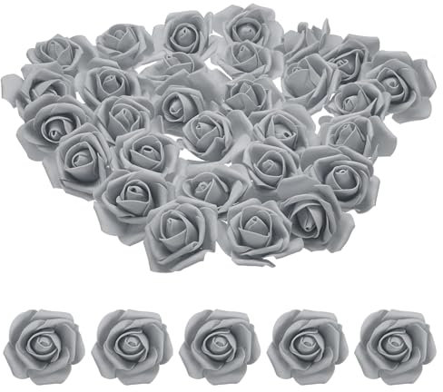 QUARKZMAN 100Pcs Têtes de Roses en Mousse de 6-7 cm, Roses Artificielles en Vrac sans Tige en Mousse pour l'Artisanat DIY, Bouquets de Mariage, Fêtes à la Maison, Gris