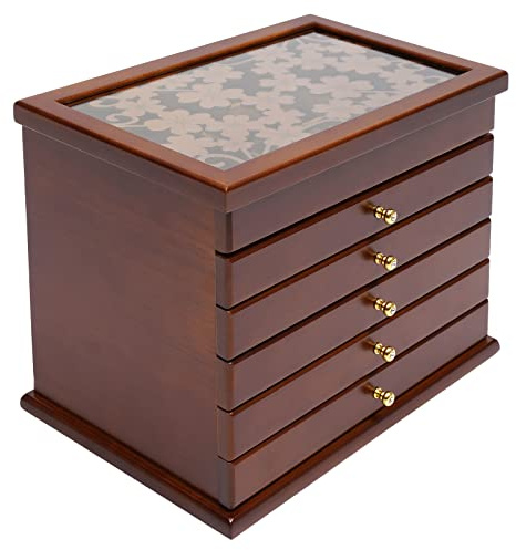 ZENGRICE Portagioie con 6 cassetti a 6 livelli, intagliato in legno, scatola portaoggetti per collane, orecchini, anelli, noce