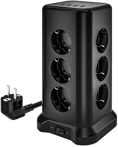 Neuda 12-Fach Steckdosenleiste (4000 W/16 A), 4 USB-Anschlüsse, Überspannungsschutz, einzeln schaltbare Steckdosen, Turm für Büro, Küche, Tisch, 2 m Kabel, Schwarz