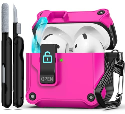 RFUNGUANGO Kompatibel mit AirPods 4. Hülle mit sicherem Verschlussclip, automatisch aufspringender Hülle, stoßfester Hartschutz für den ganzen Körper für AirPods 4. Hülle,Rosé