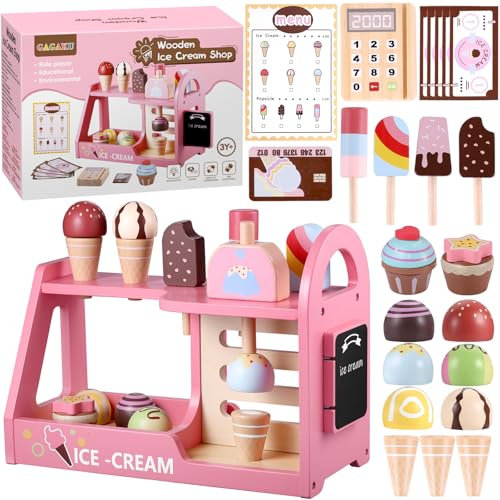 GAGAKU Wooden Ice Cream Play Set for Kids Pretend Play Food Wooden Ice Cream Set Shop Play Kitchen Accessories with Menu and Cash Role Play Toys Gifts for Toddler 3 4 5 6 7 8 Years Old Girls and Boys