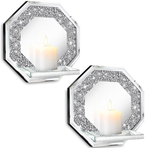 ZOLAPI Kristall-Crush-Diamant-Kerzenhalter im 2er-Set, achteckig, Silber, verspiegelte Kerzenleuchter, Wanddekorationen für Wohnzimmer, Esszimmer und Schlafzimmer