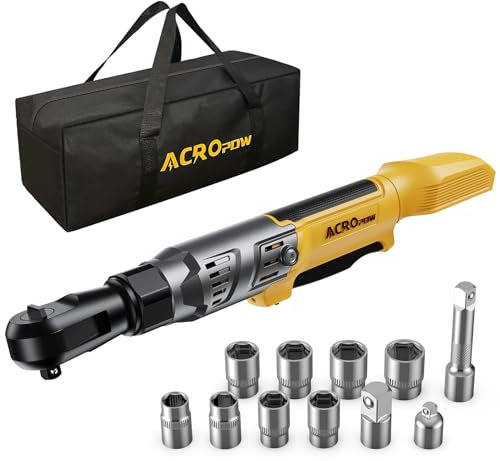ACROPOW Clé à cliquet sans fil de 3/8, compatible avec batterie DEWALT 20 V, cliquet électrique à moteur sans balais de 23,1 m pied-livre avec vitesse variable, jeu de prises