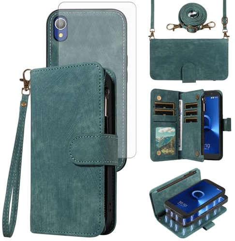 Asuwish Phone Case for Alcatel 1 2019 5033E/Alcatel1 2021 4G LTE Zipper Wallet Detachable Magnetic Cover with Tempered Glass Screen Protector Crossbody Lanyard Card Holder Vodafone Smart E9 Women Blue