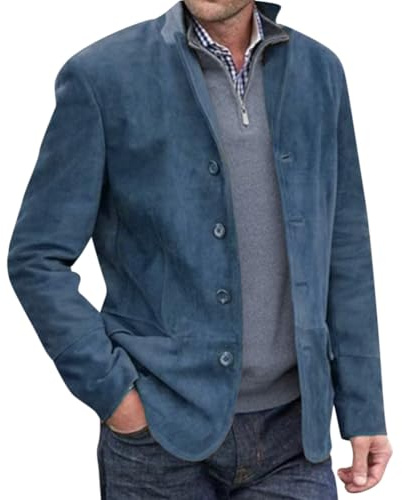 Onsoyours Blazer Décontracté à Col Montant pour Homme avec Poche à Revers et Manches Longues en Daim Vintage Décontracté Slim Bouton Costume d'affaires Blazer Veste B Bleu XXL