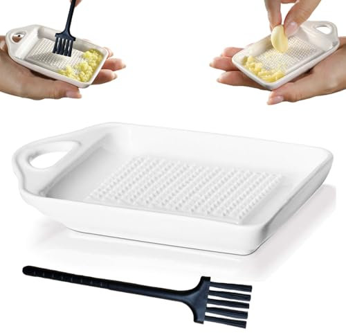 Keramik Reibe, Ngwer Knoblauch Reibe Keramikreibe mit Bürste für Familie Küche Apfelmus Zitrone Ingwer Saft Mahlen(Weiß, Rechteck 11 x 6,8 cm)