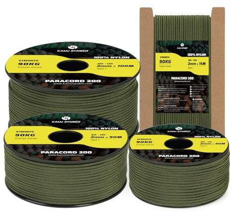 Kamu Synber Paracord 2mm 3 Strands 50M 100% Nylon Rope Type I Parachute Cord for Craft, Outdoor, DIY, Camping | Support 90kg | Army Green