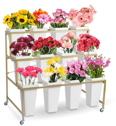 3-Tier Metal Flower Display Stand with 12 Buckets - Heavy Duty Rolling Plant Cart Shelf, Sturdy Mobile Plant Stand for Indoor/Outdoor Garden, Patio, Florist Shop, Living Room, Home Decor (Gold)