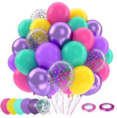 Palloncini Colorati Compleanno, 52 Pezzi Palloncini Viola Rosa Blu Gialli Con Coriandoli Viola Metallizzati Lattice Colorati, Palloncini Rosa Decorazioni Feste Di Matrimonio Ragazze Donne