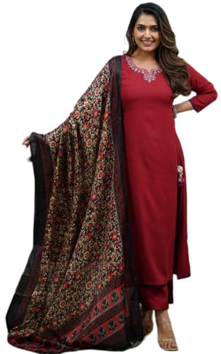 The Red Lion Enterprise Women's Designer Straight Kurti pant dupatta 3pc dress partywear Salwar Suit, Maroon, XL
