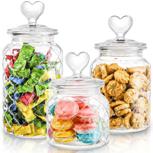 Hiceeden Set of 3 Cute Glass Jars with Airtight Lids, Candy & Cookie Food Storage Containers with Heart-shaped Handle, Glass Canister with Grid Texture for Coffee Beans, Flour, Sugar, 650/950/ 1350ml