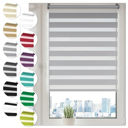 Doppelrollo Klemmfix ohne Bohren 110cm x 100cm Grau Duo Rollo Klemmrollo Sonnenschutzrollo Fensterrollo für Fenster & Türen Zebrarollo Seitenzugrollo