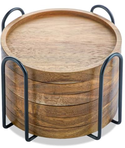 LiWiBet Untersetzer Gläser Holz 6er Set, Glasuntersetzer Holz mit Halter, Akazienholz Untersetzer Rund für Gläser, Holzuntersetzer mit Rand für Getränke, Bar, Tassen, Glas, 11cm