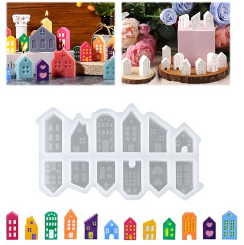 Moule Silicone Maisons Noël, Lot de 12 Moules en Silicone pour Mini Maisons Noël, Moule Silicones Bougie Noel, Silikonform Weihnachten Deko, Faciles à Démouler, Pour Bougies Aromatiques, Savon