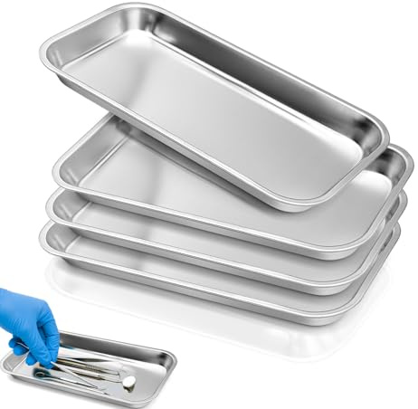 Stainless Steel Medical Tray 4 Pack, 22 x 11.7 cm Instrument Trays | Reusable metal trays for tattoo tool tray, medical, laboratory, beauty and instrument organisation