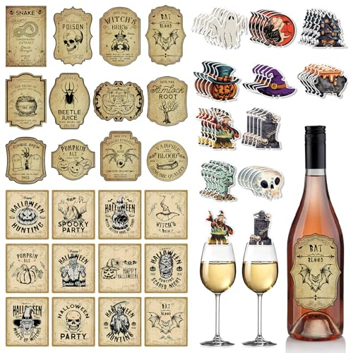 TYXHXTF 124PCS Halloween Bottle Labels, Personalized Halloween Wine Labels, Wine Glass Decoration, Adhesive Bottle Labels for Halloween Party Decorations