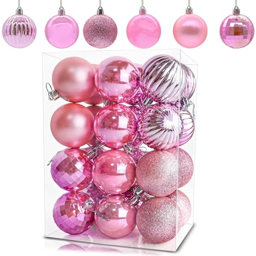 24Pcs Baby Pink Baubles for Christmas Tree Decorations,60mm/2.36 Large Xmas Bauble Hanging Ball,Christma Balls Ornaments with String,Shatterproof Pink Christmas Baubles for Xmas Tree Holiday Party